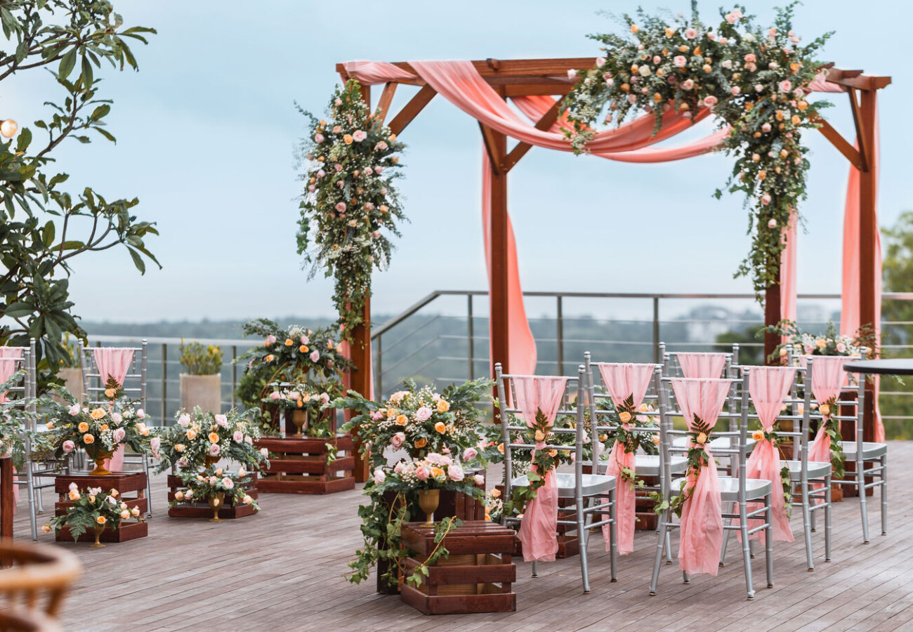 Jungle pool deck wedding ceremony